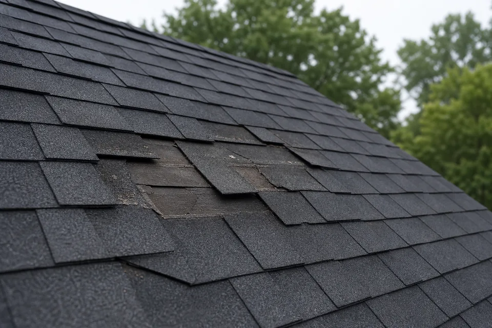 Close view of wind-related shingle damage